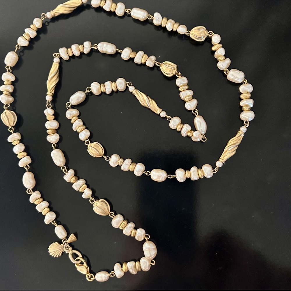 Vintage Liz Claiborne Pearl Necklace Gold Beads 38” Coastal Shell Charm 90s - Picture 16 of 16